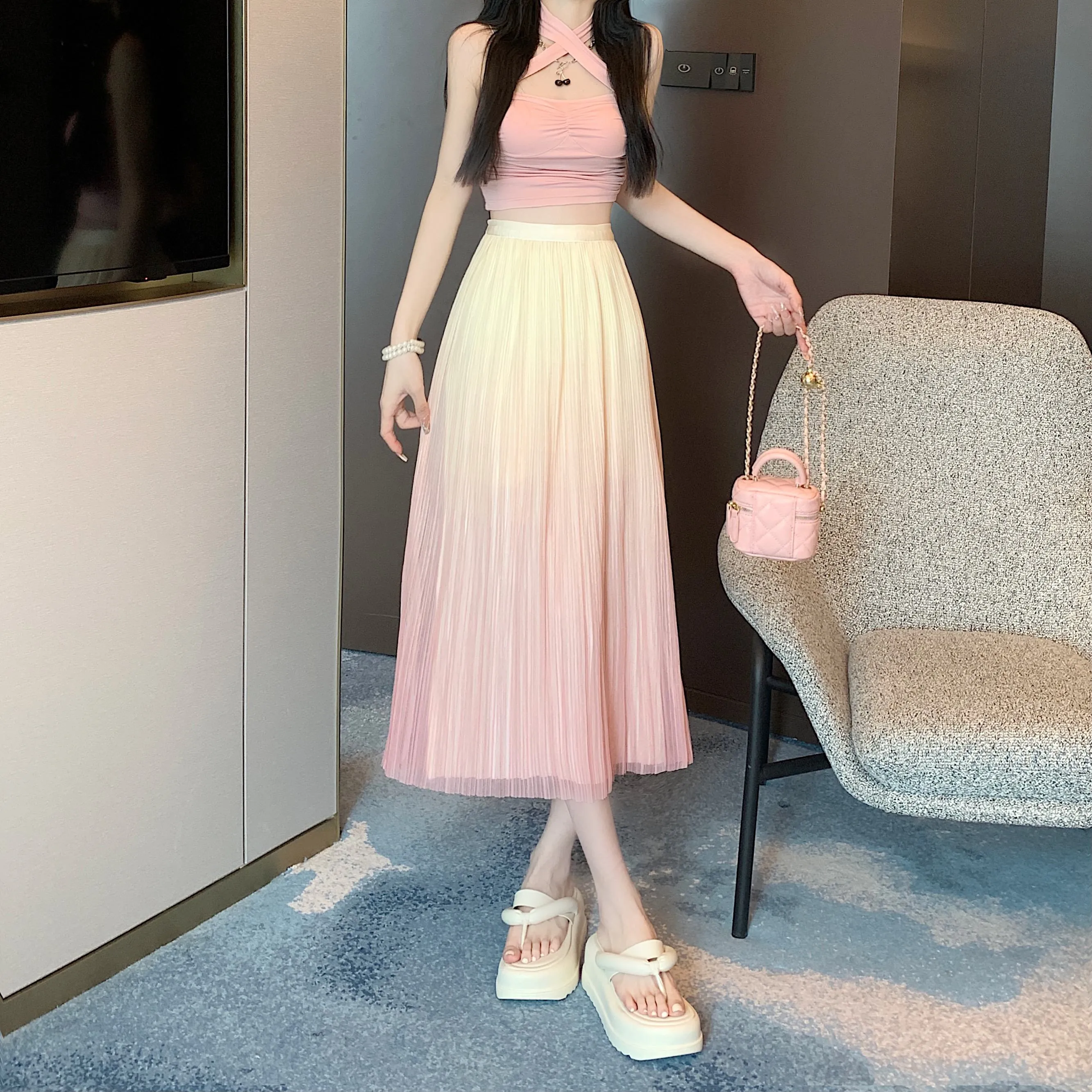 A-Line Draping Full Skirt Slimming Gradient-Color Pleated Skirt