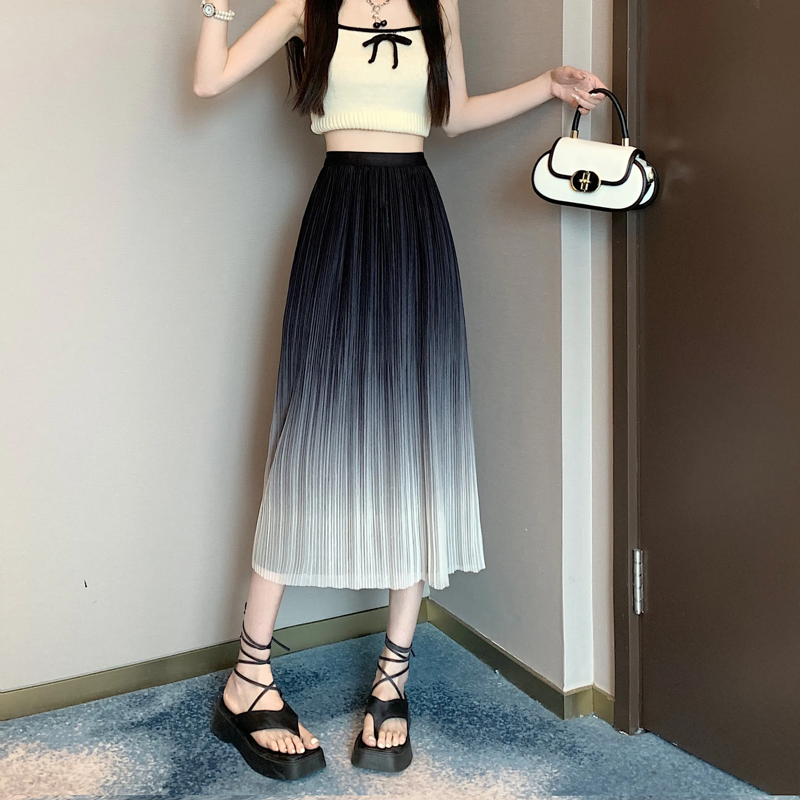 A-Line Draping Full Skirt Slimming Gradient-Color Pleated Skirt