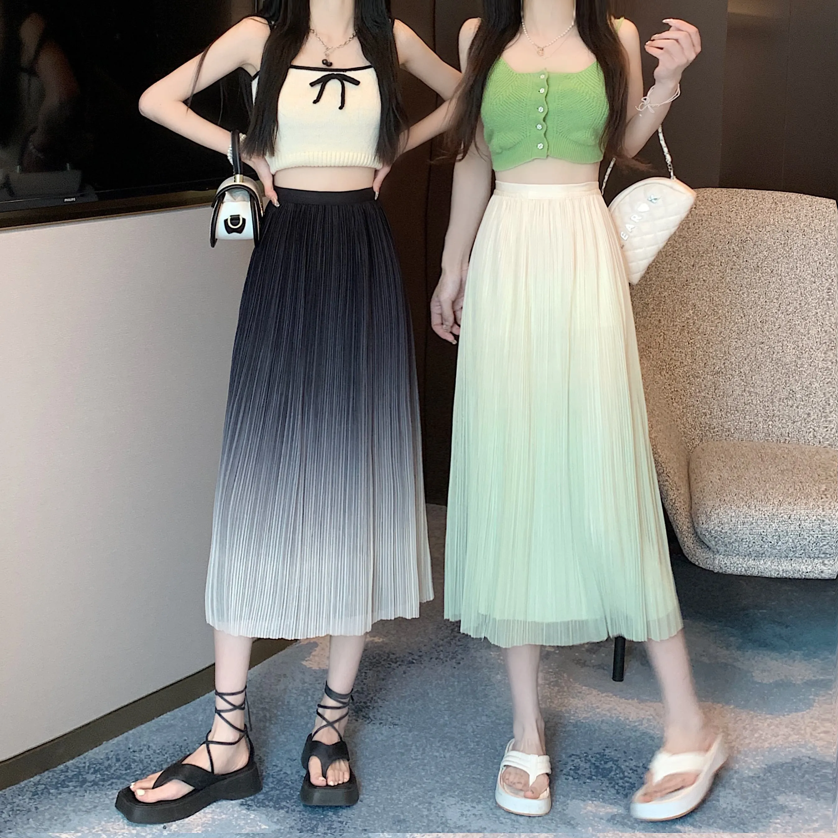 A-Line Draping Full Skirt Slimming Gradient-Color Pleated Skirt