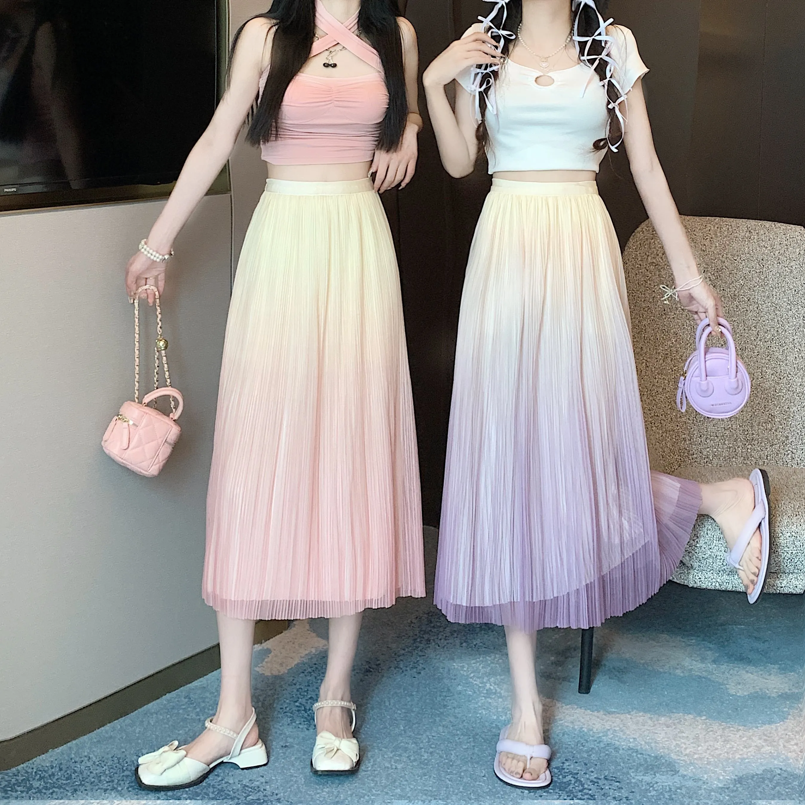 A-Line Draping Full Skirt Slimming Gradient-Color Pleated Skirt