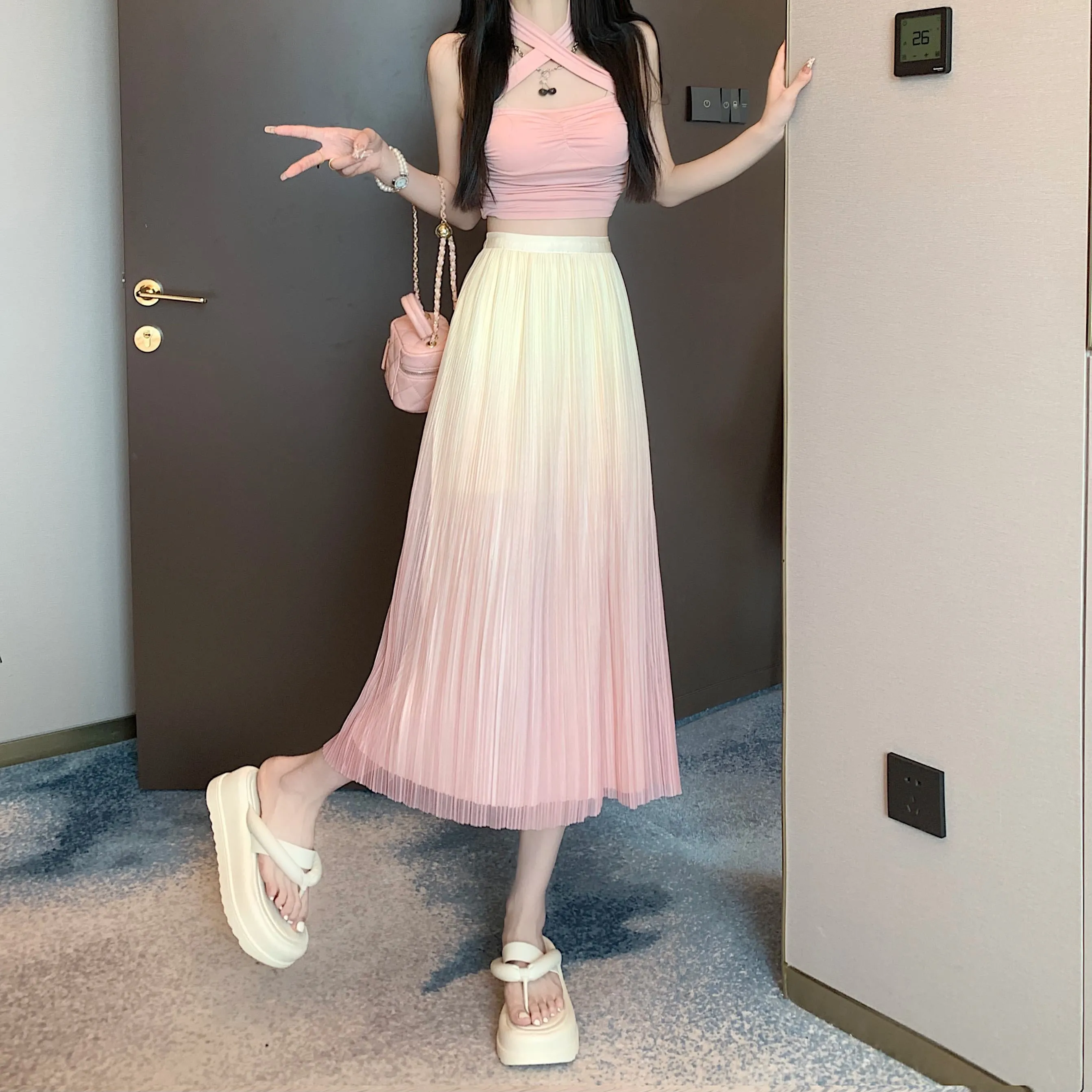 A-Line Draping Full Skirt Slimming Gradient-Color Pleated Skirt
