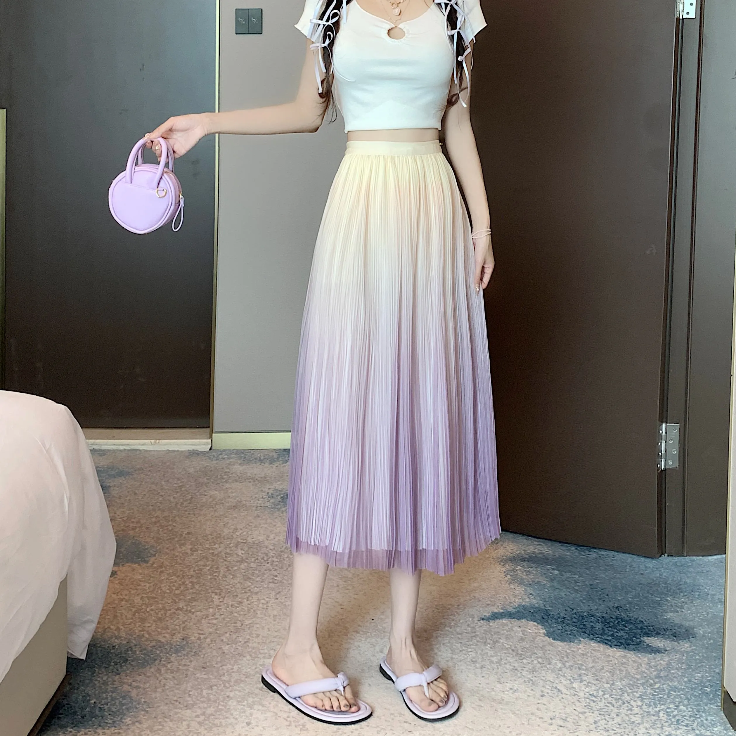 A-Line Draping Full Skirt Slimming Gradient-Color Pleated Skirt