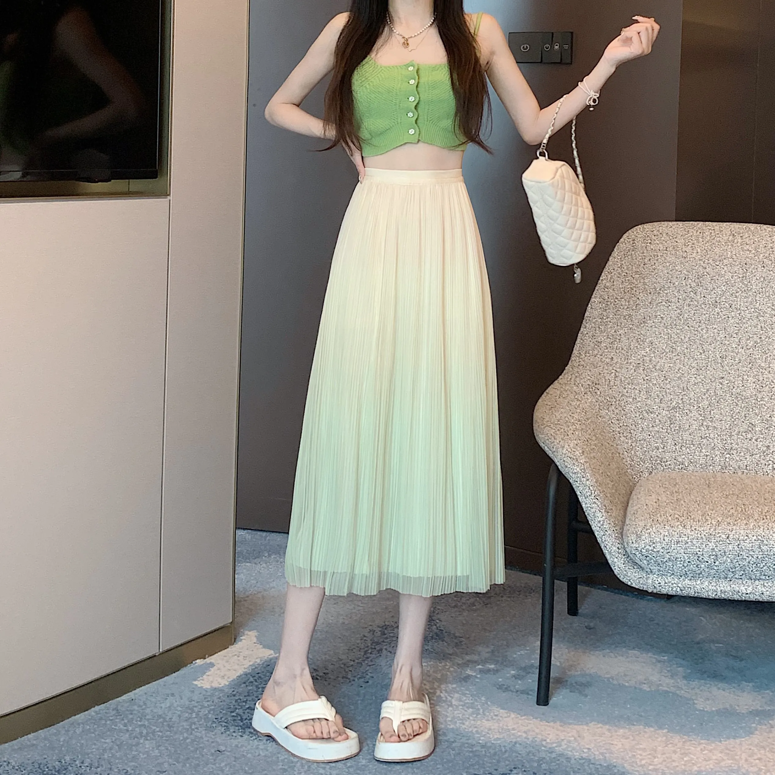 A-Line Draping Full Skirt Slimming Gradient-Color Pleated Skirt