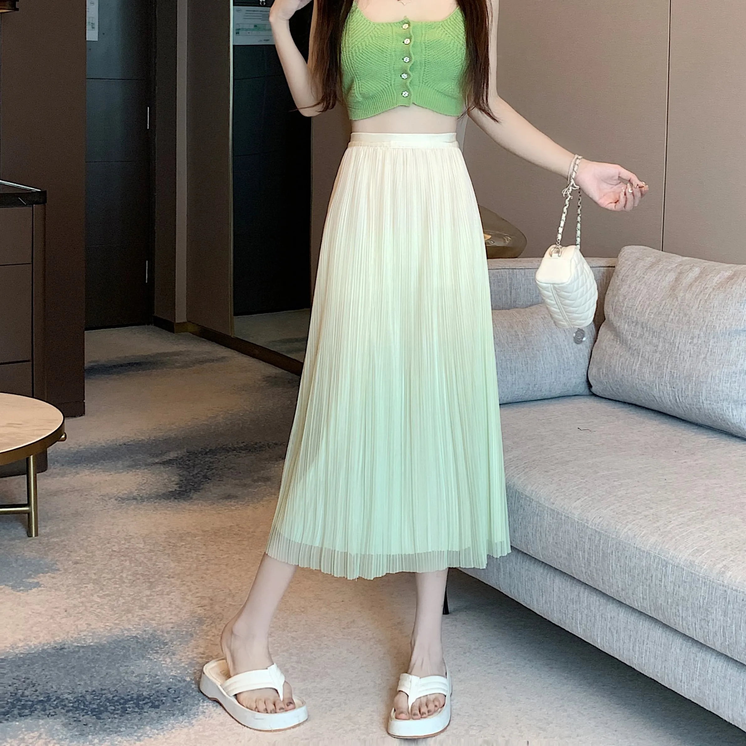 A-Line Draping Full Skirt Slimming Gradient-Color Pleated Skirt
