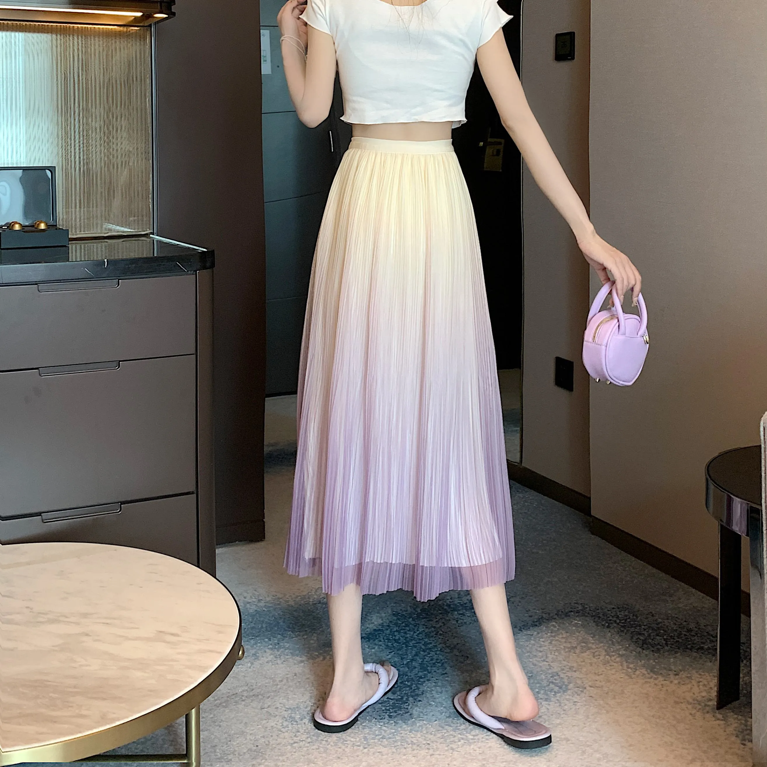 A-Line Draping Full Skirt Slimming Gradient-Color Pleated Skirt