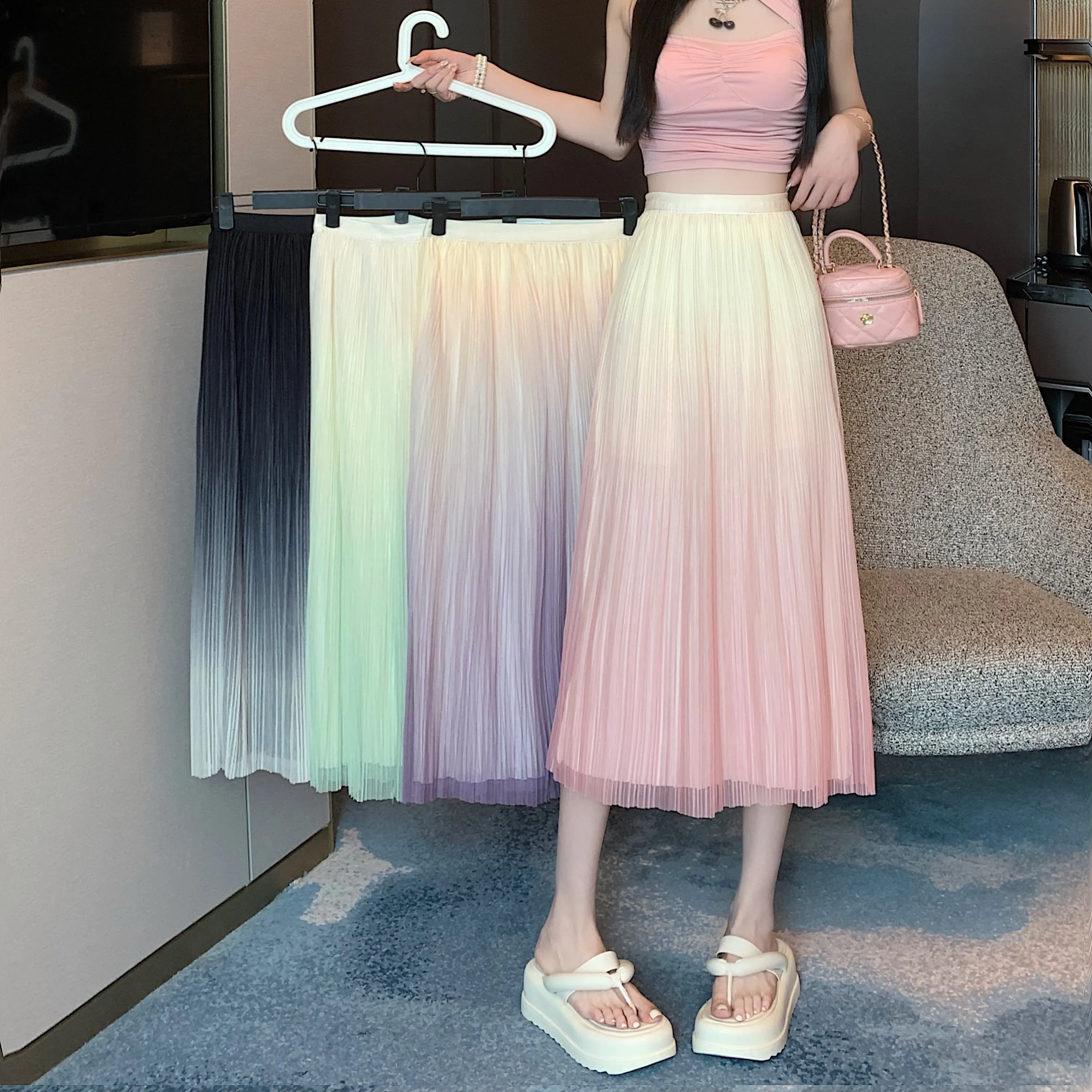 A-Line Draping Full Skirt Slimming Gradient-Color Pleated Skirt