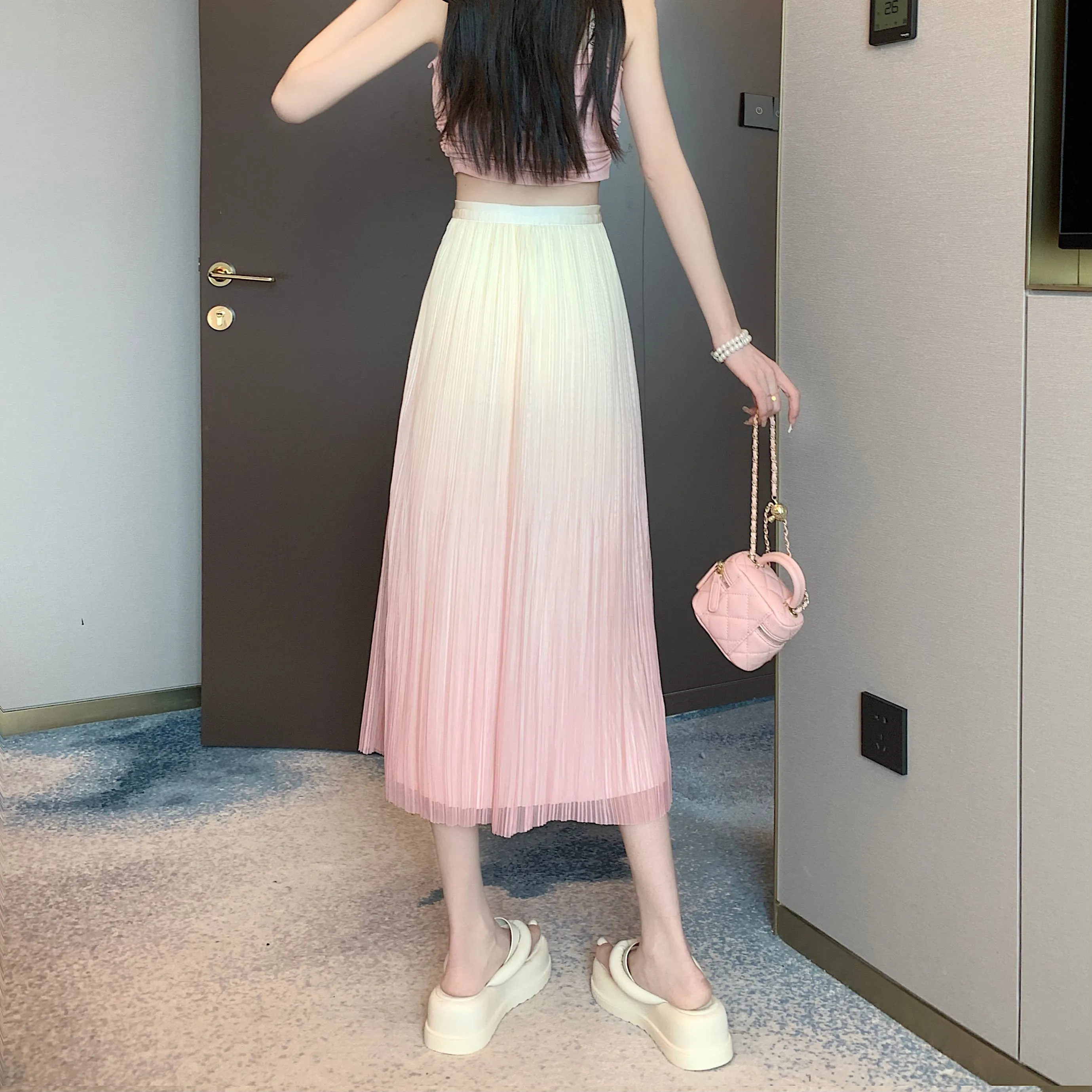 A-Line Draping Full Skirt Slimming Gradient-Color Pleated Skirt