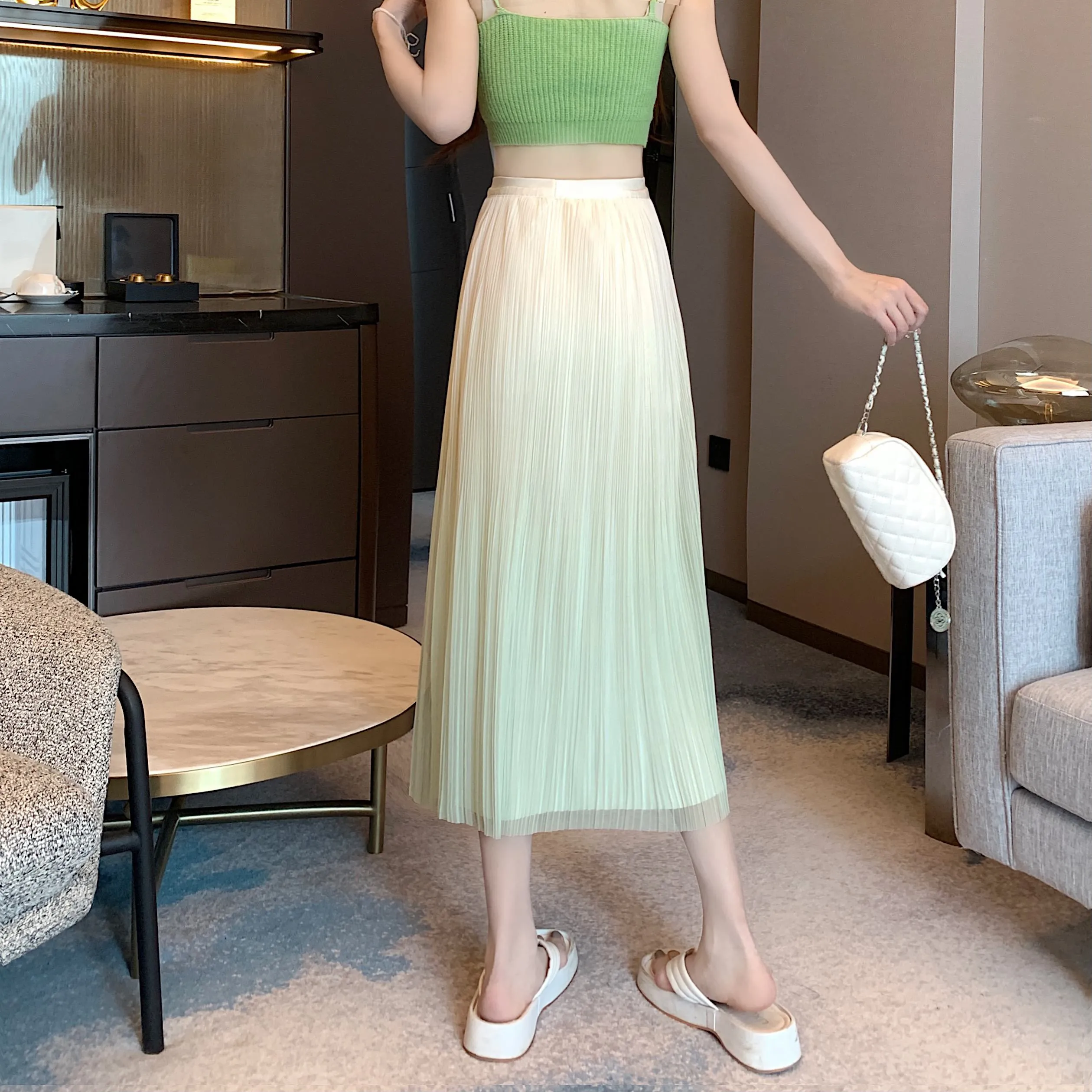 A-Line Draping Full Skirt Slimming Gradient-Color Pleated Skirt