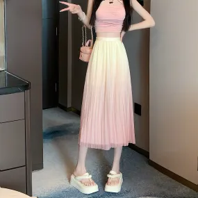 A-Line Draping Full Skirt Slimming Gradient-Color Pleated Skirt