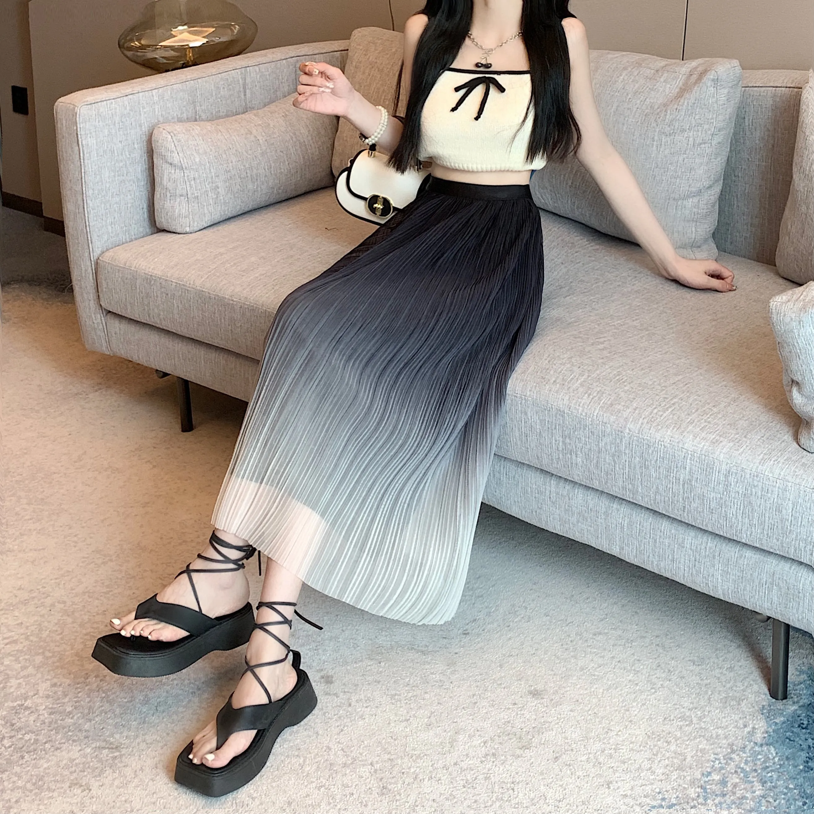 A-Line Draping Full Skirt Slimming Gradient-Color Pleated Skirt