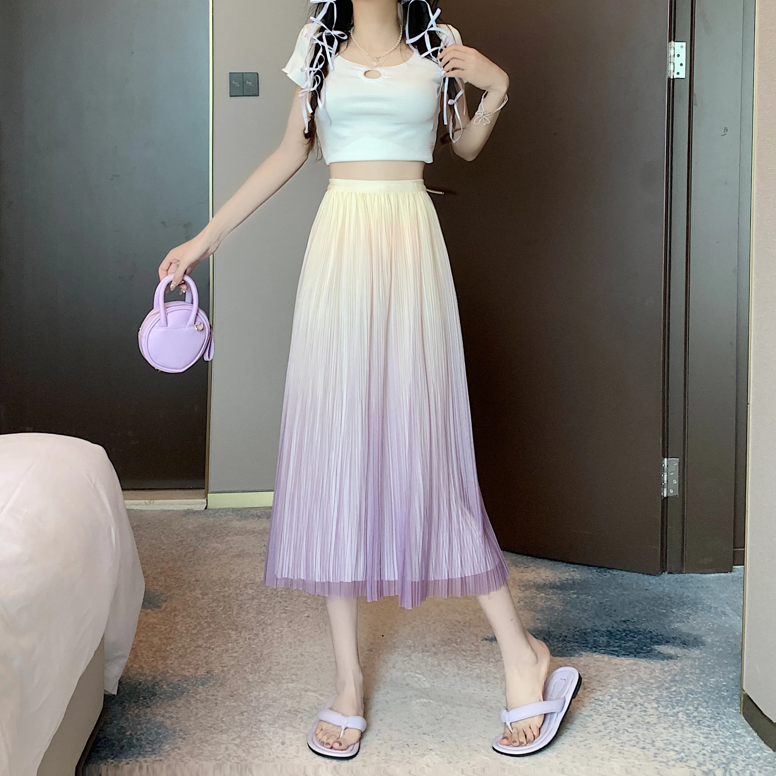 A-Line Draping Full Skirt Slimming Gradient-Color Pleated Skirt