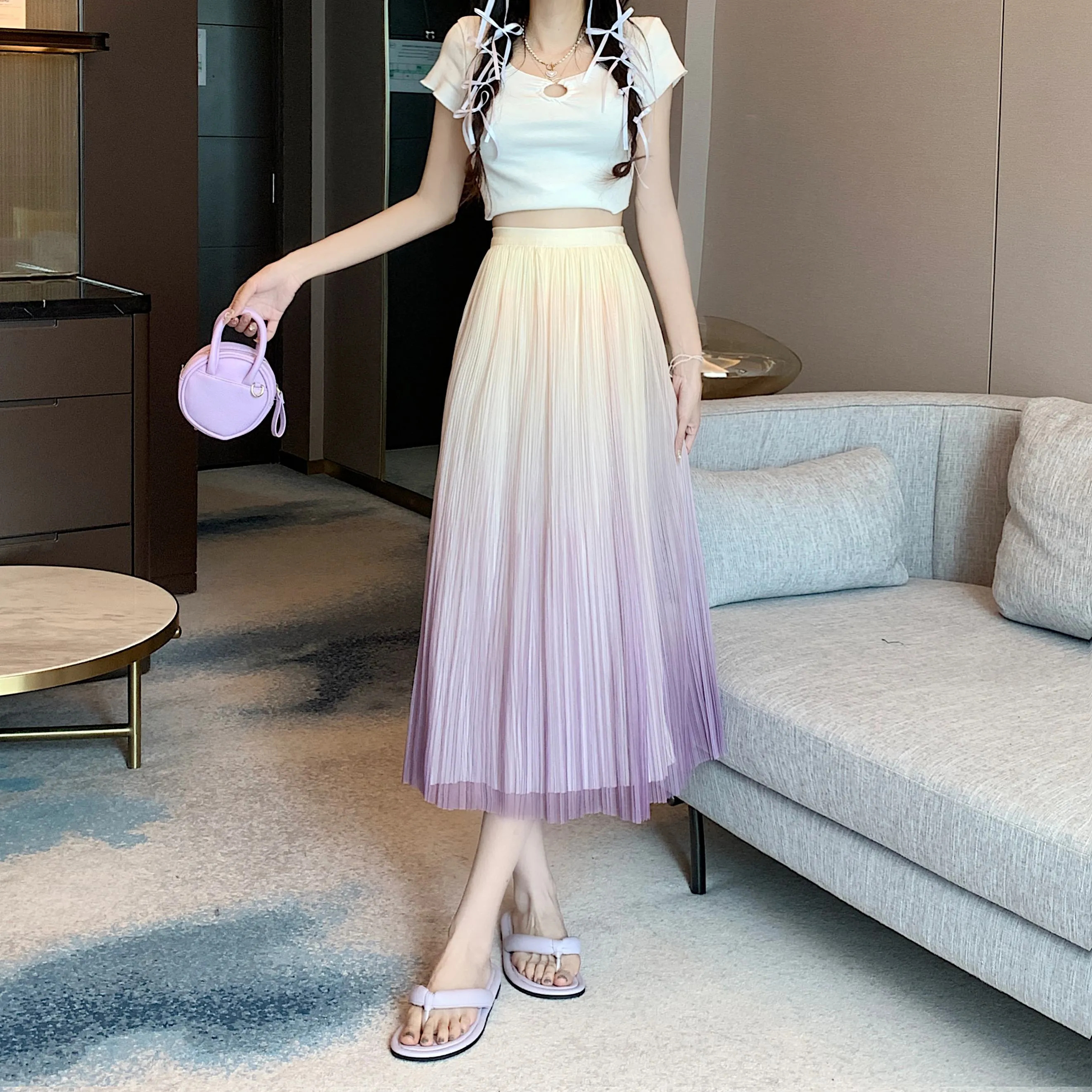 A-Line Draping Full Skirt Slimming Gradient-Color Pleated Skirt
