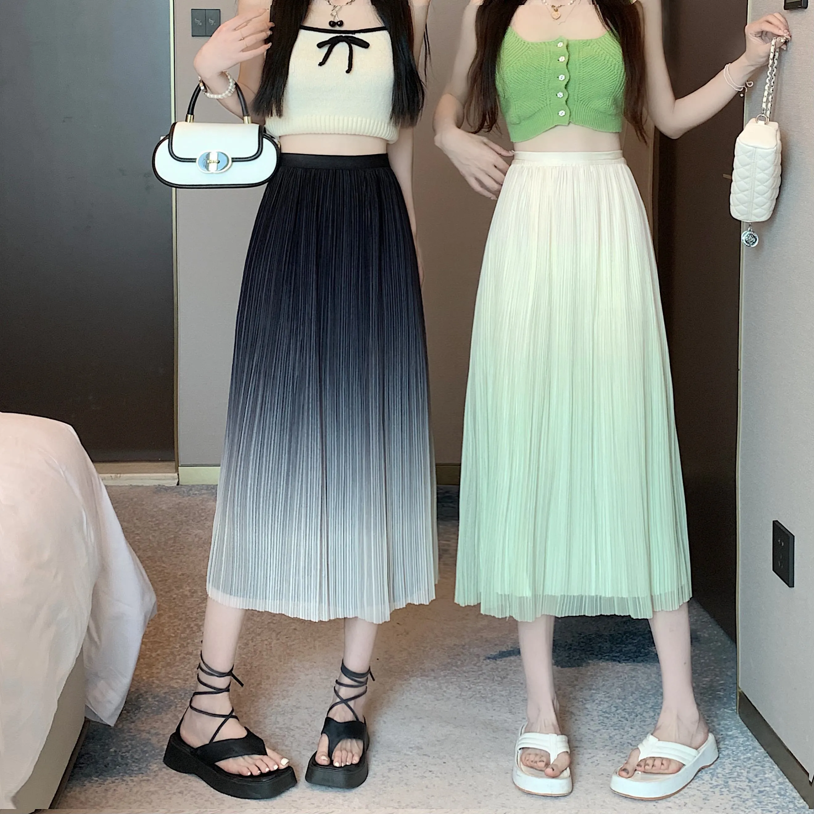 A-Line Draping Full Skirt Slimming Gradient-Color Pleated Skirt
