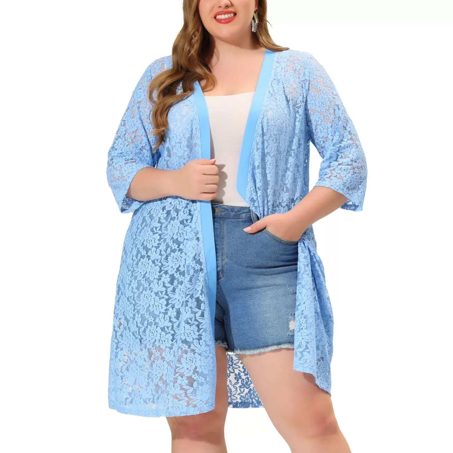 Agnes Orinda Women's Autumn Plus Size Midi Cardigan with Open Front and Lace Neck , light blue