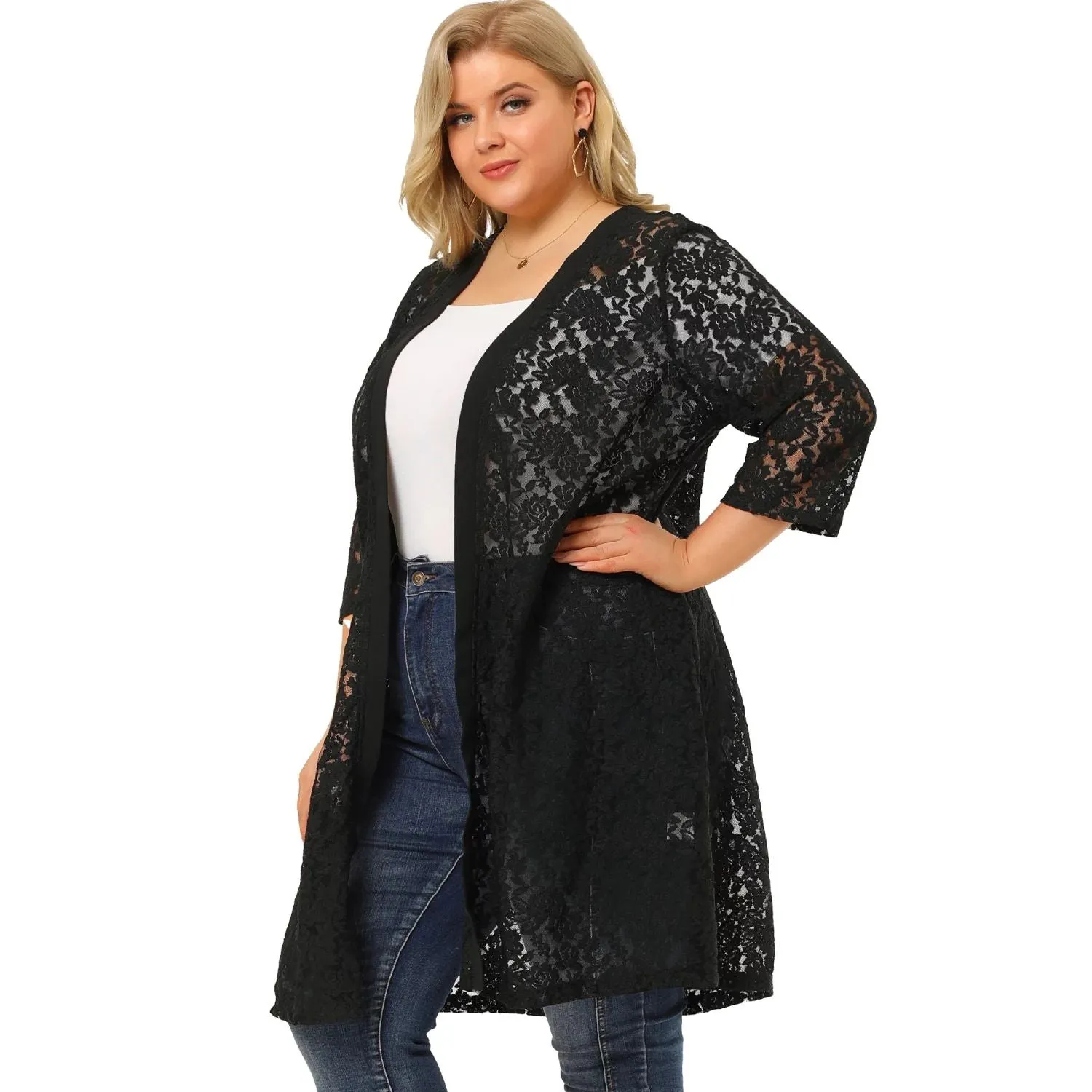 Agnes Orinda Women's Autumn Plus Size Midi Cardigan with Open Front and Lace Neck , light blue