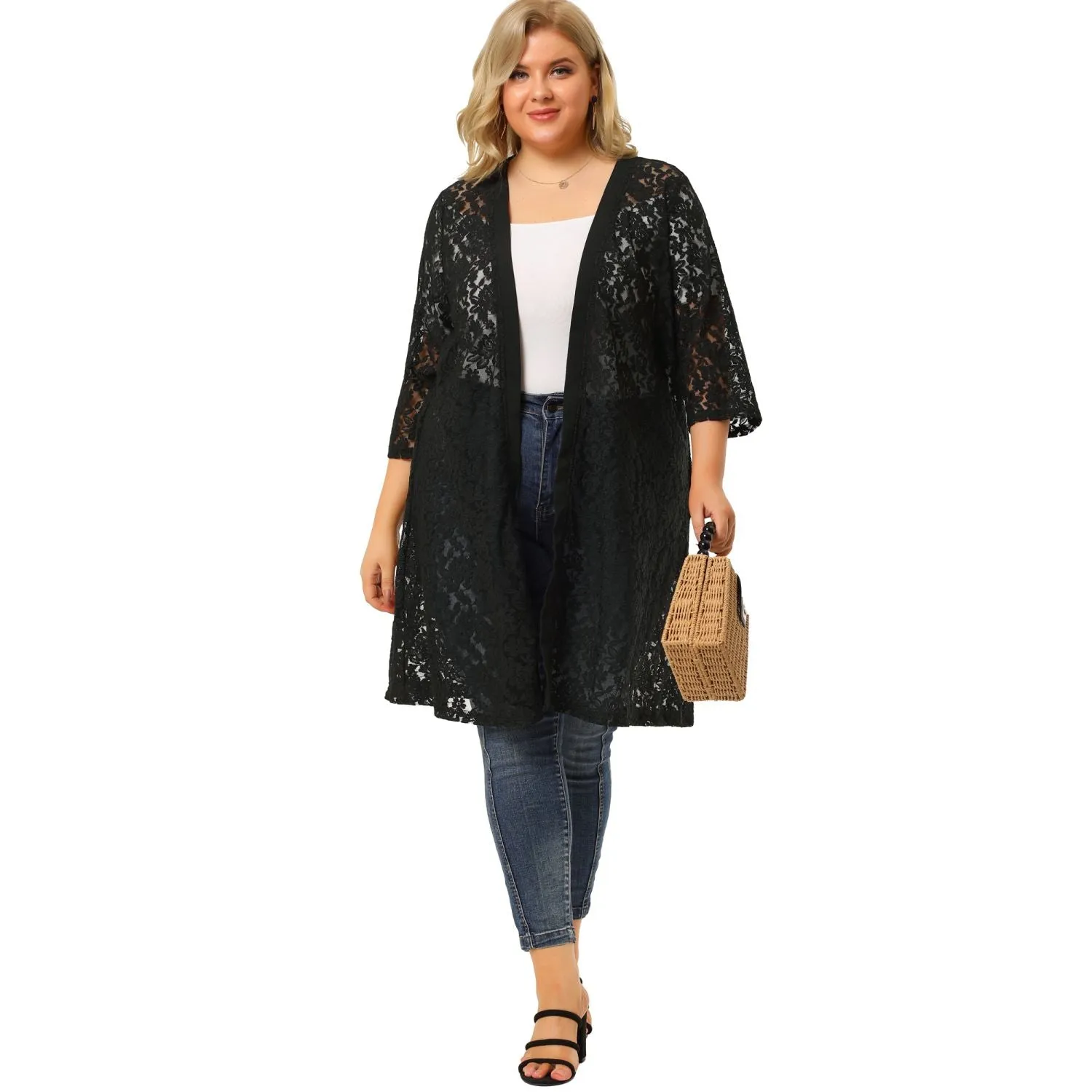 Agnes Orinda Women's Autumn Plus Size Midi Cardigan with Open Front and Lace Neck , light blue