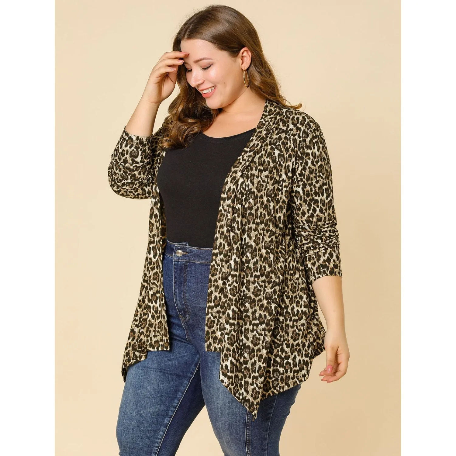 Agnes Orinda Women's Plus Size Leopard Print Cardigan with Asymmetrical Hem and Open Front ,  brown