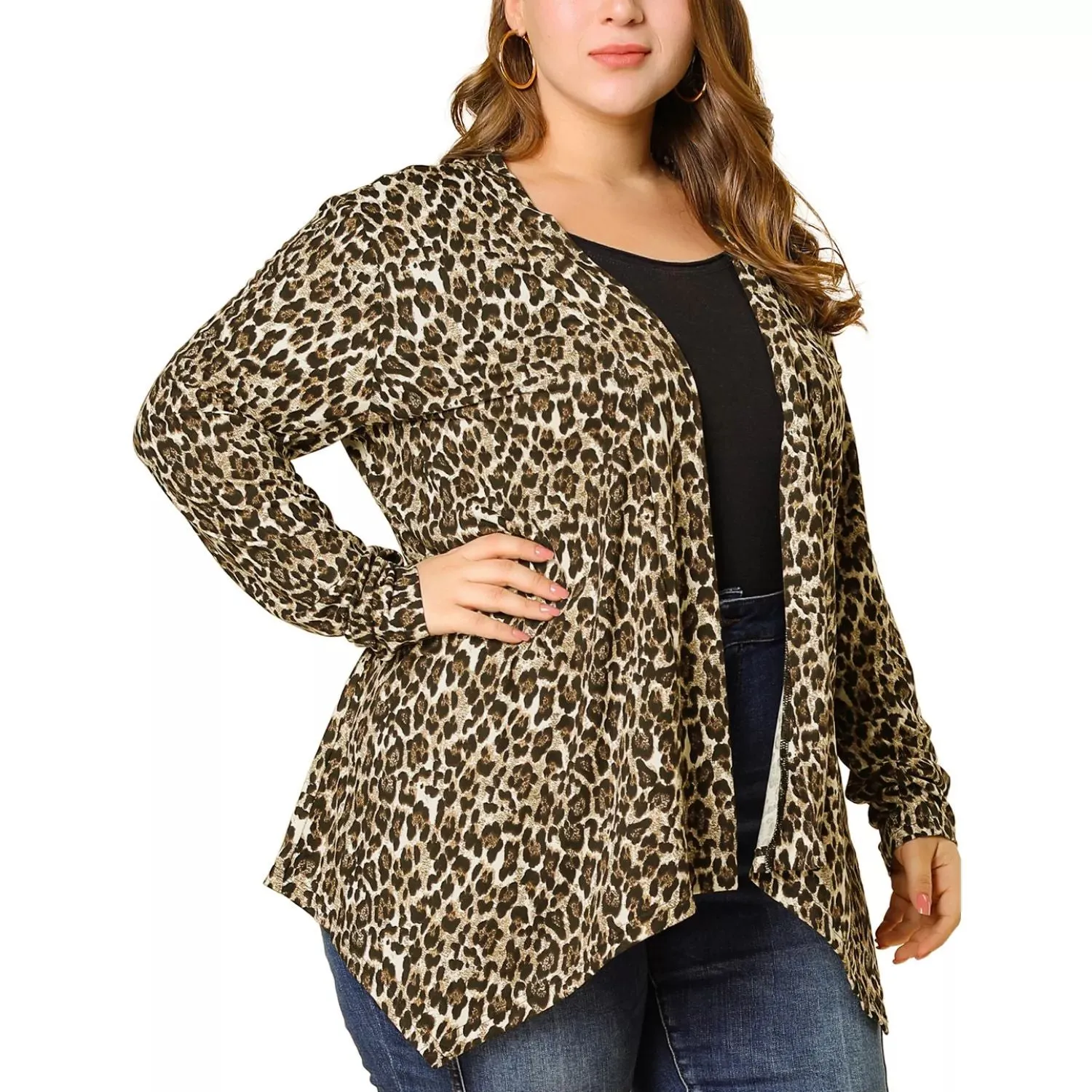 Agnes Orinda Women's Plus Size Leopard Print Cardigan with Asymmetrical Hem and Open Front ,  brown