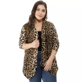 Agnes Orinda Women's Plus Size Leopard Print Cardigan with Asymmetrical Hem and Open Front ,  brown