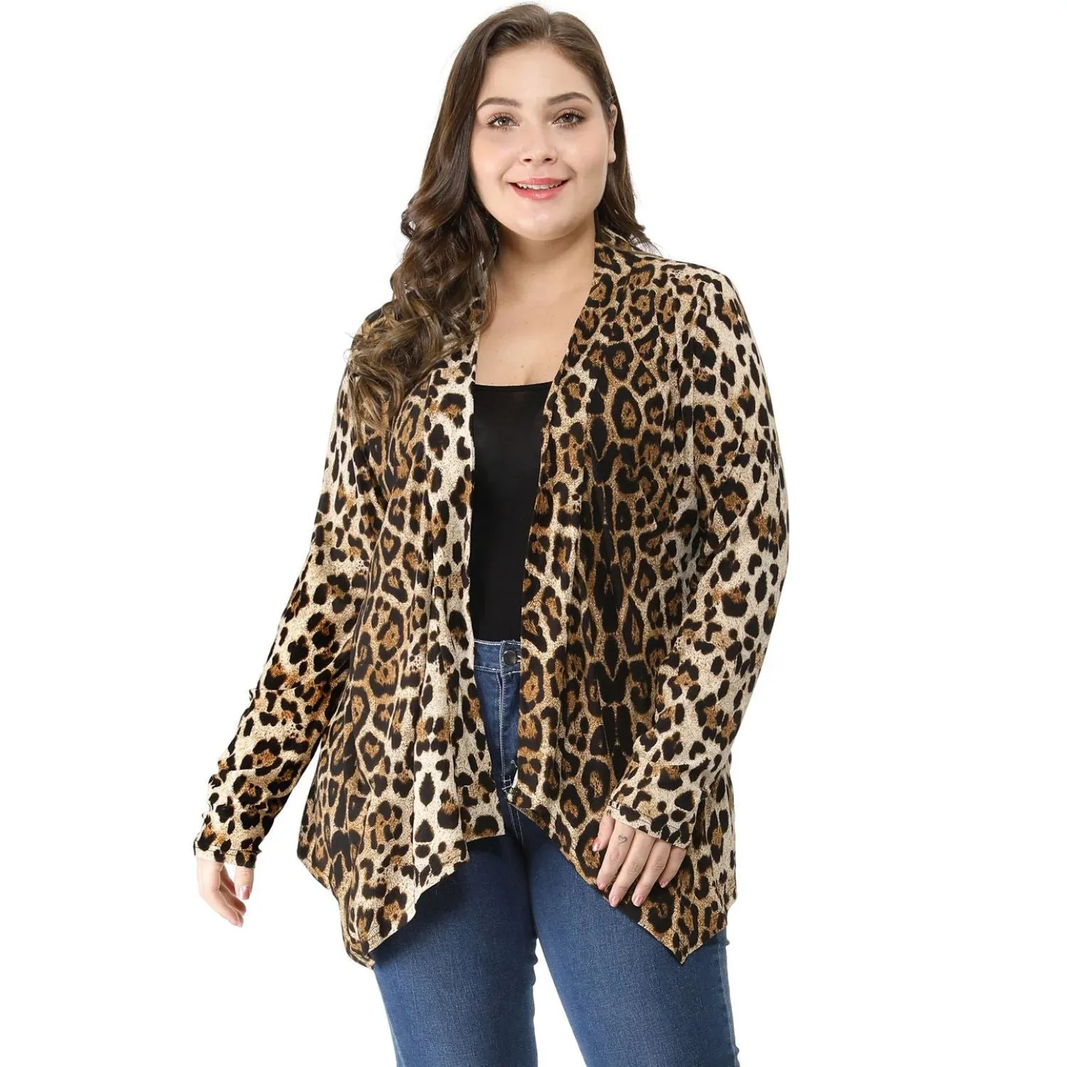 Agnes Orinda Women's Plus Size Leopard Print Cardigan with Asymmetrical Hem and Open Front ,  brown