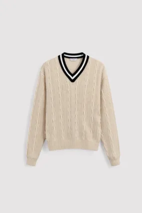 Ancien | Women's Old Money Contrast Trim V Neck Elegant Cable Knit Long Sleeve Sweater