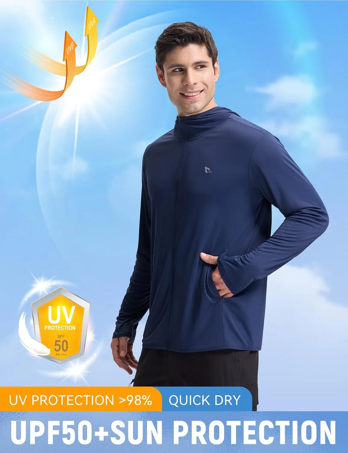 baleaf Men's UPF 50  Sun Protection Hoodie Full Zip Jacket Lightweight Long Sleeve Cooling Shirts Pockets Hiking Fishing