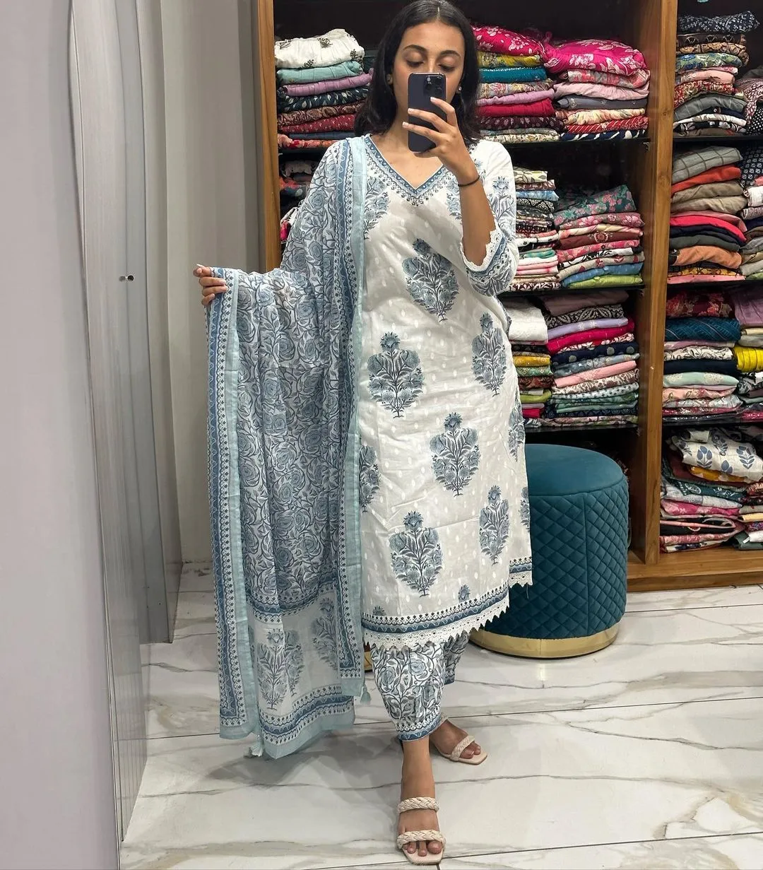 Beautiful Designer Blue and White Afghani Salwar Suit