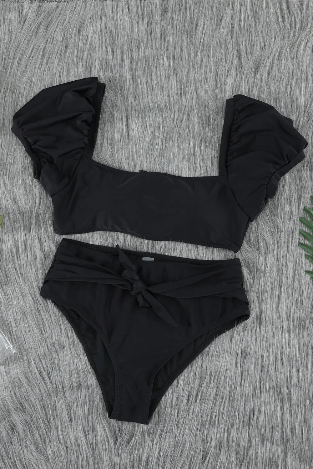 Black Bubble Sleeves Square Neck High Waist Bikini