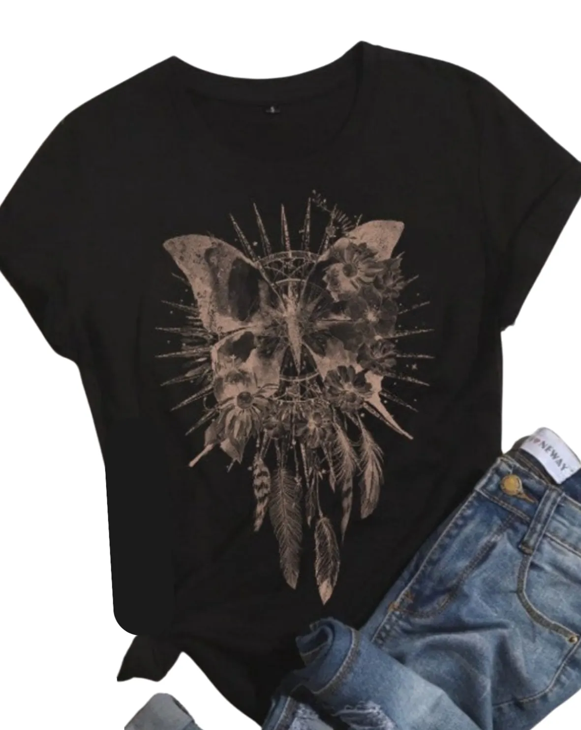 Boho Butterfly Dreamcatcher Graphic Tee Shirt in Black