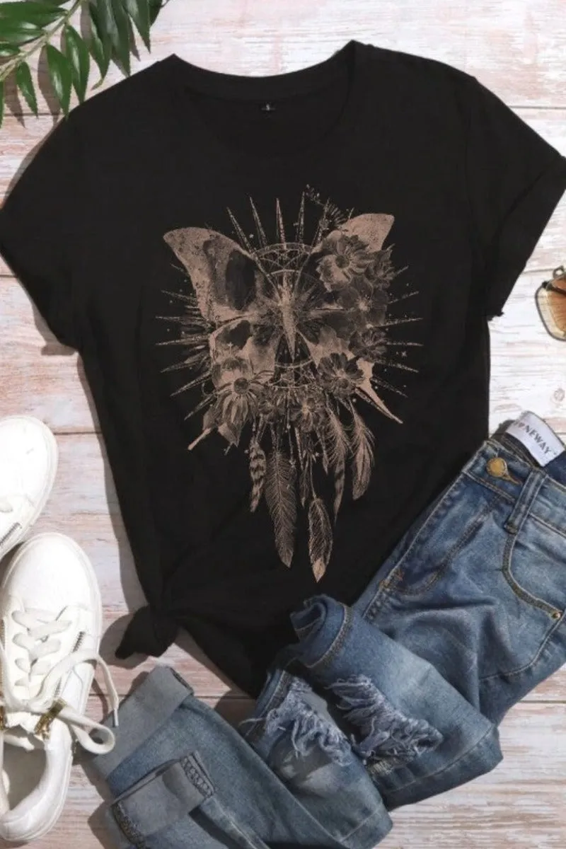 Boho Butterfly Dreamcatcher Graphic Tee Shirt in Black