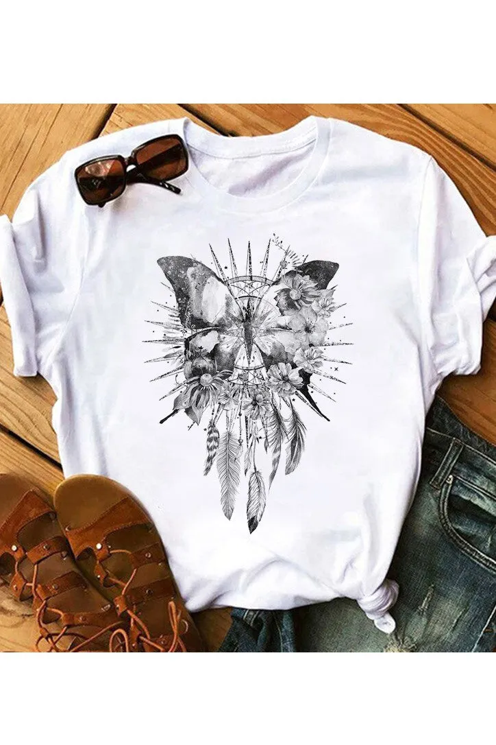 Boho Butterfly Dreamcatcher Graphic Tee Shirt in White