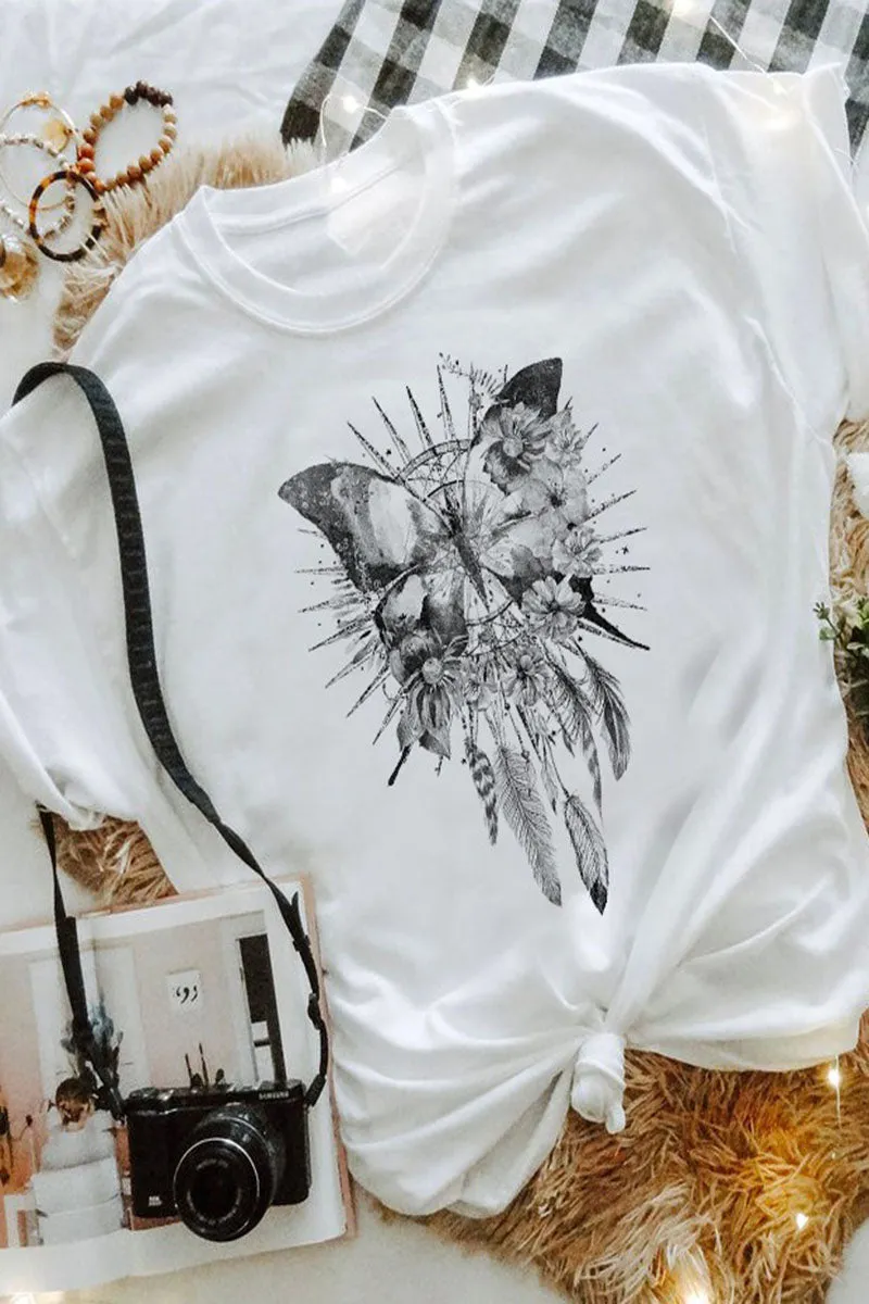 Boho Butterfly Dreamcatcher Graphic Tee Shirt in White