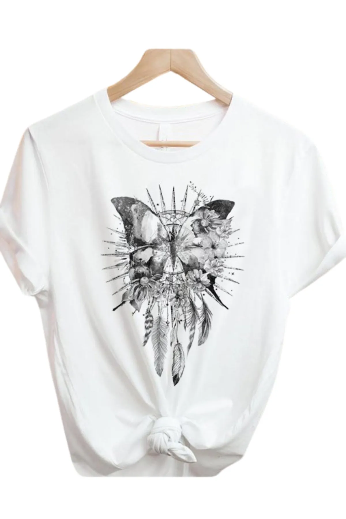 Boho Butterfly Dreamcatcher Graphic Tee Shirt in White