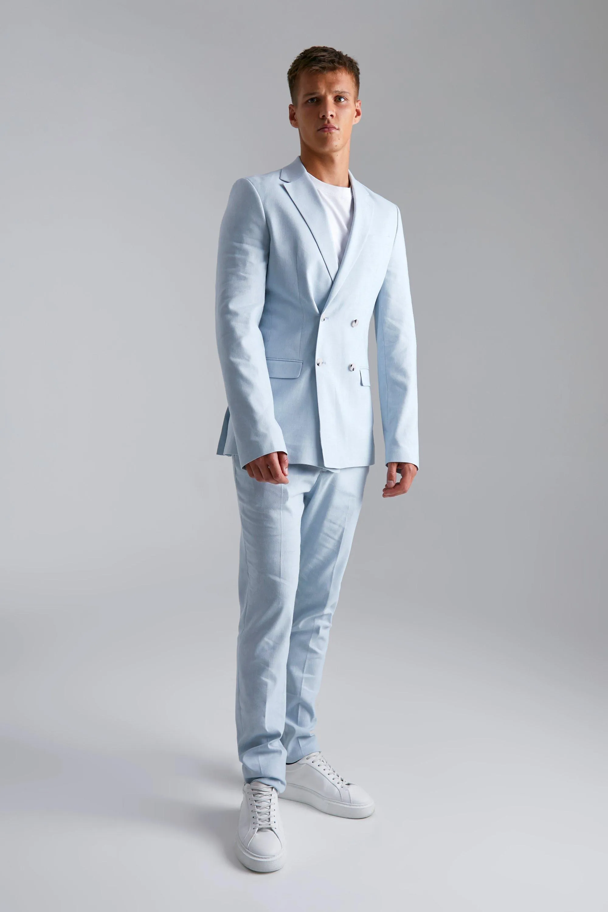 Boohoo Tall Double Breasted Slim Linen Suit Jacket, Blue
