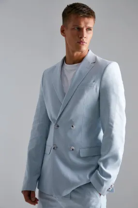 Boohoo Tall Double Breasted Slim Linen Suit Jacket, Blue