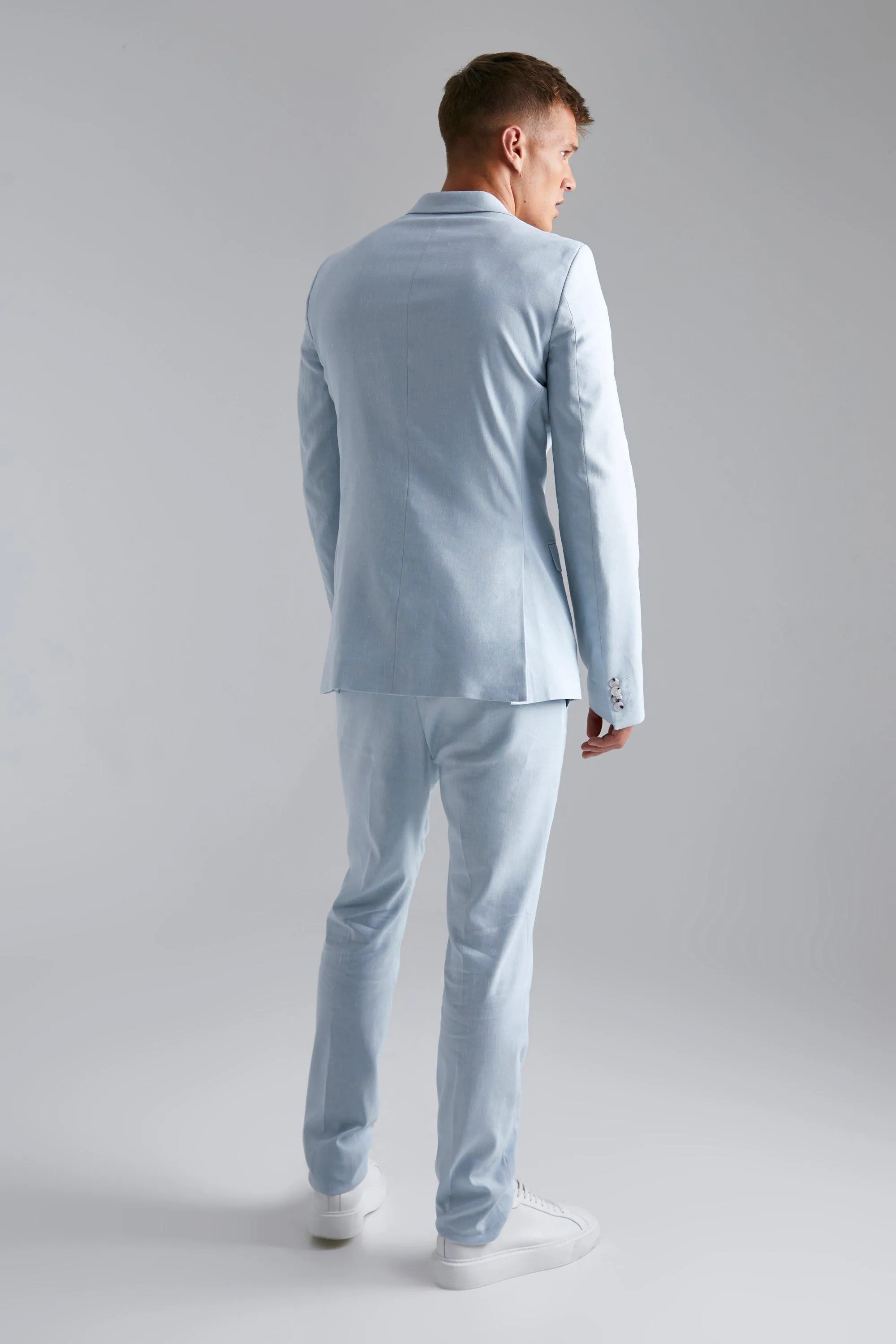 Boohoo Tall Double Breasted Slim Linen Suit Jacket, Blue