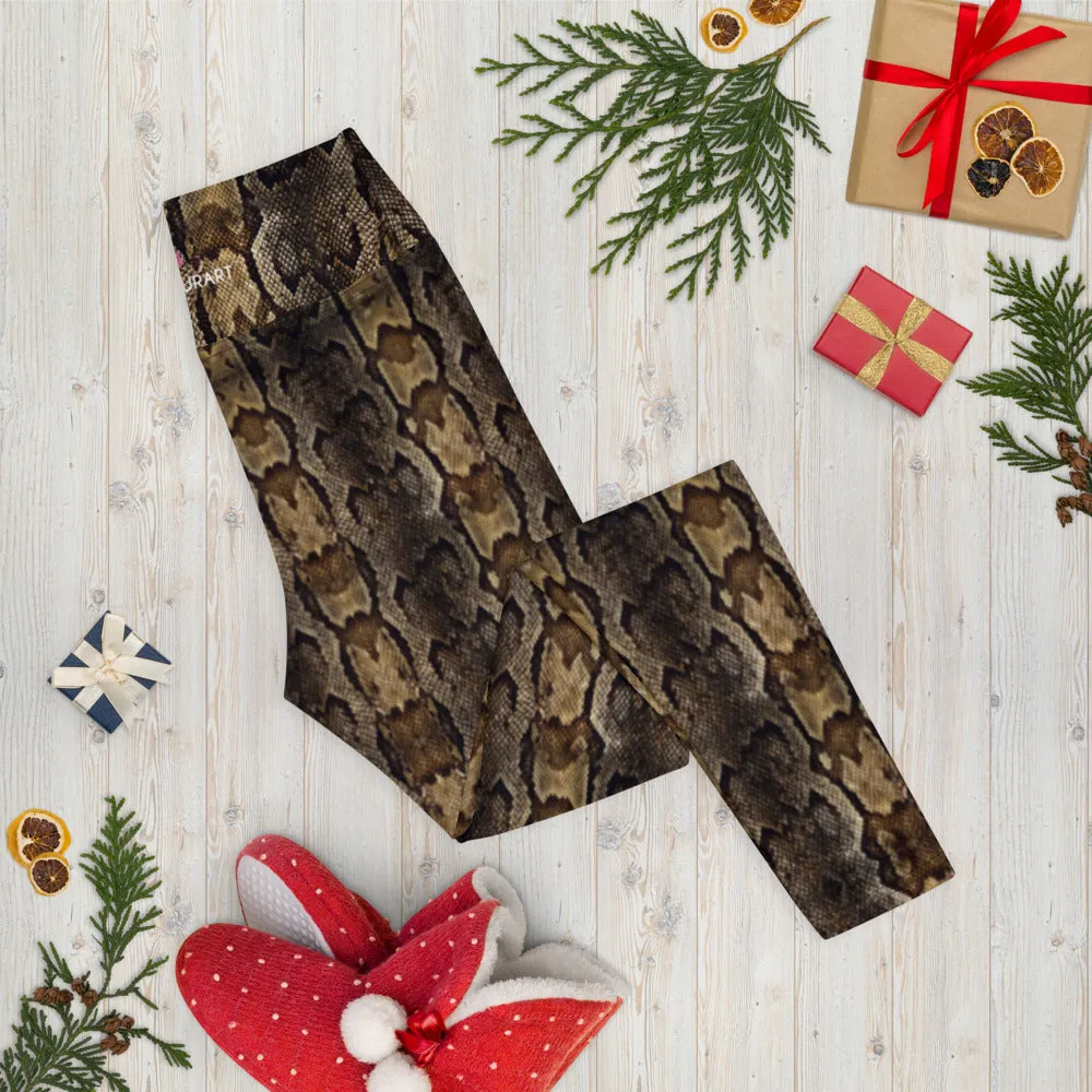 Brown Snake Print Yoga Leggings, Snake Python Print Ladies' Yoga Pants-Made in USA/EU