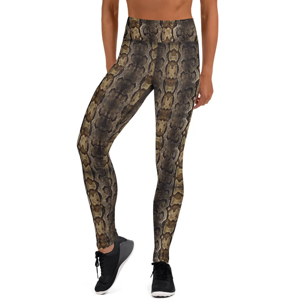 Brown Snake Print Yoga Leggings, Snake Python Print Ladies' Yoga Pants-Made in USA/EU
