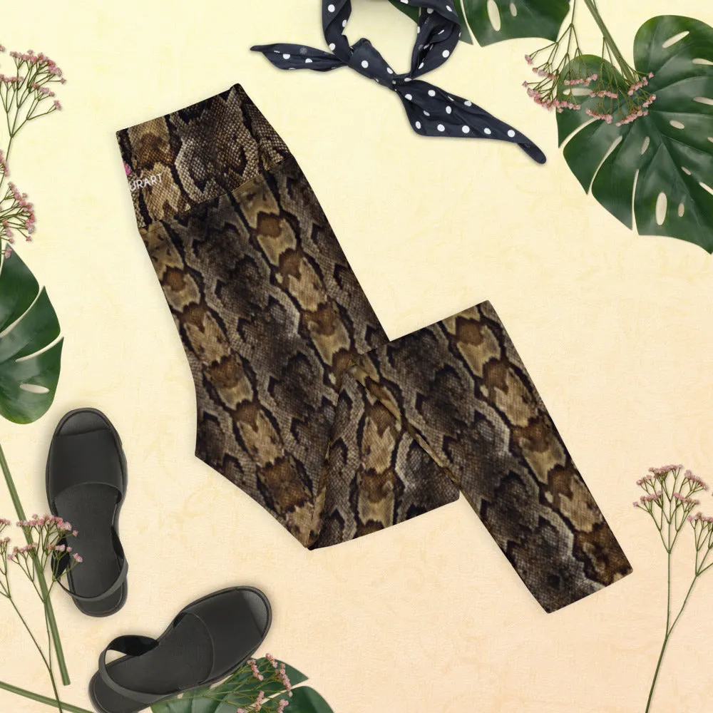 Brown Snake Print Yoga Leggings, Snake Python Print Ladies' Yoga Pants-Made in USA/EU