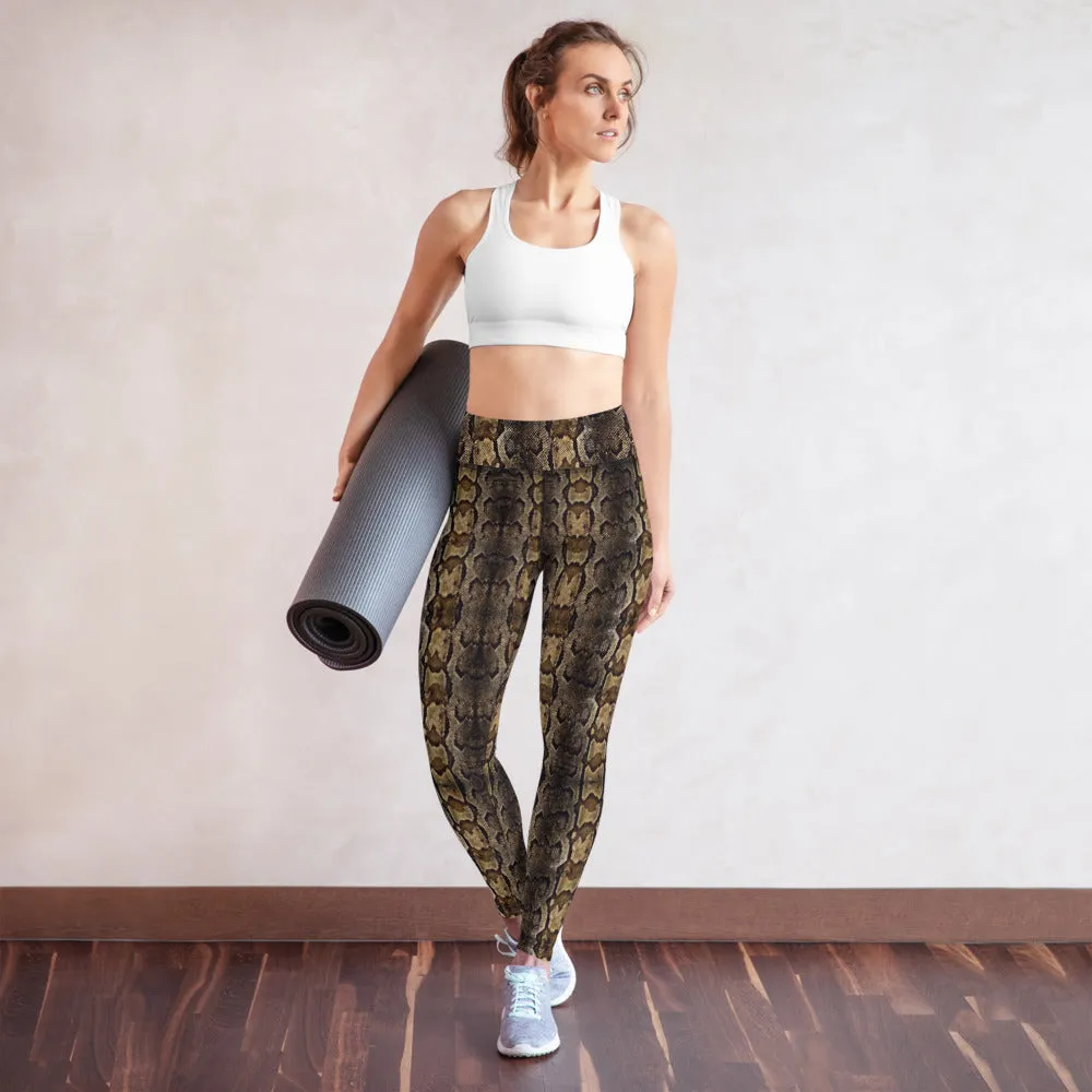 Brown Snake Print Yoga Leggings, Snake Python Print Ladies' Yoga Pants-Made in USA/EU