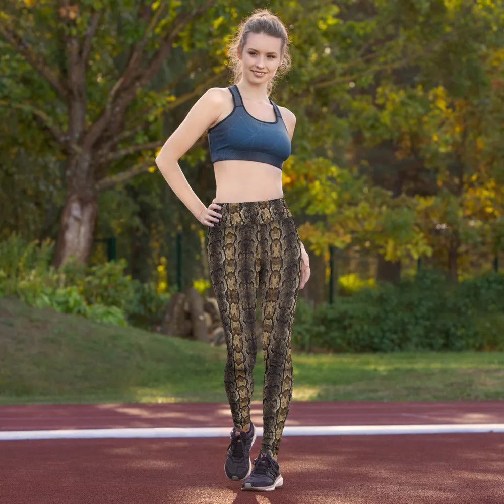 Brown Snake Print Yoga Leggings, Snake Python Print Ladies' Yoga Pants-Made in USA/EU