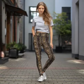 Brown Snake Print Yoga Leggings, Snake Python Print Ladies' Yoga Pants-Made in USA/EU