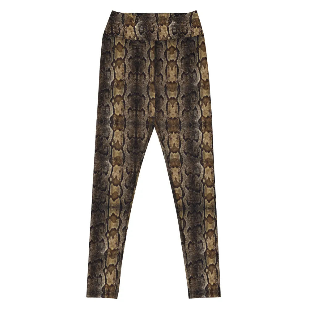 Brown Snake Print Yoga Leggings, Snake Python Print Ladies' Yoga Pants-Made in USA/EU