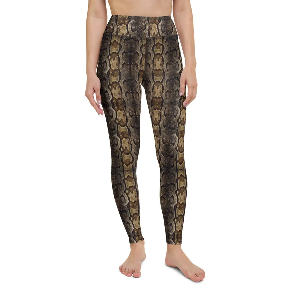 Brown Snake Print Yoga Leggings, Snake Python Print Ladies' Yoga Pants-Made in USA/EU