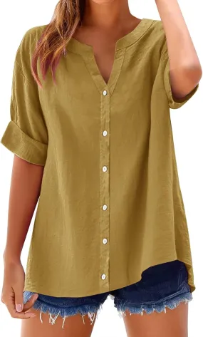 Cotton Linen Shirts for Women 2025 Summer Trendy Roll Up Short Sleeve Tshirts Workout Button Down Plus Size Shirt