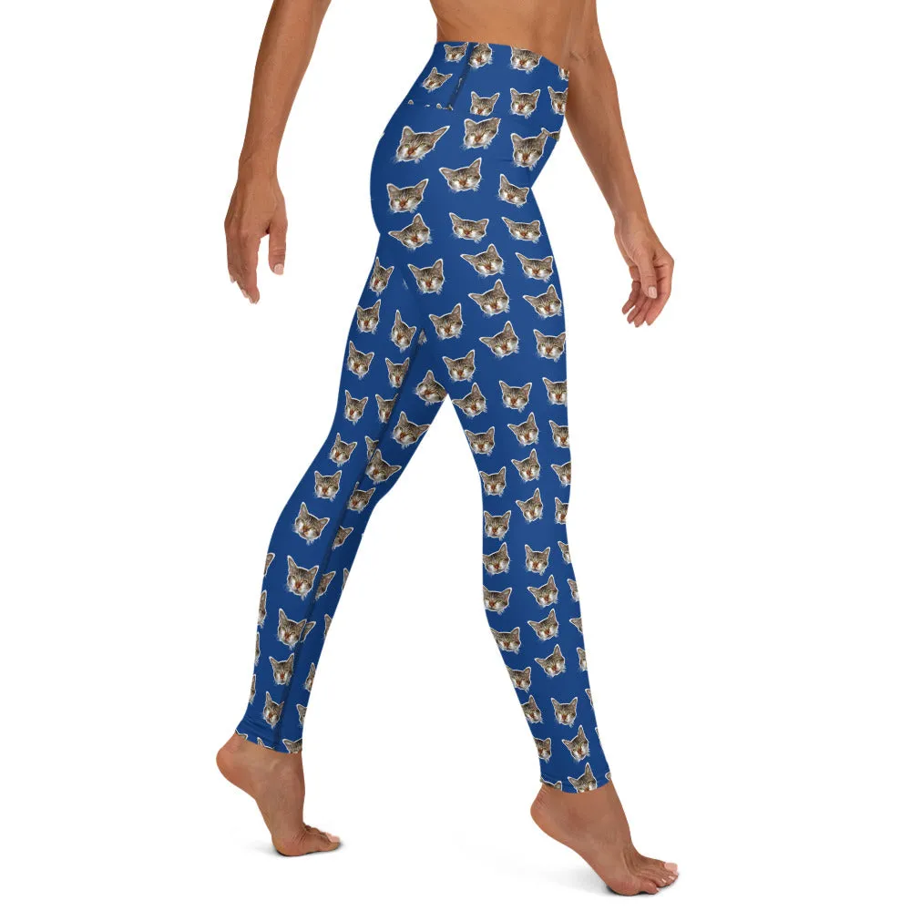Dark Blue Cat Leggings, Peanut Meow Cat Print Women's Long Yoga Pants- Made in USA/EU