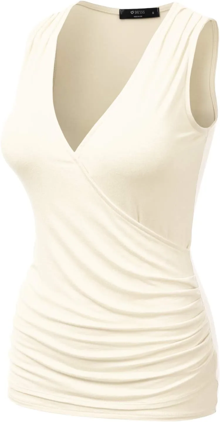 DOUBLJU Tank Tops For Women Cami Deep V Neck Sleeveless Satin Ruched Hem Tops Casual Basic Wrap T Shirts with Plus Size