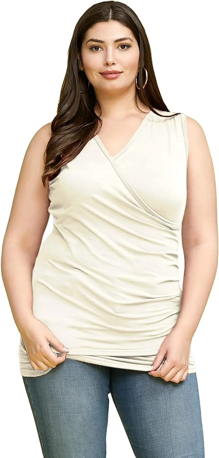 DOUBLJU Tank Tops For Women Cami Deep V Neck Sleeveless Satin Ruched Hem Tops Casual Basic Wrap T Shirts with Plus Size