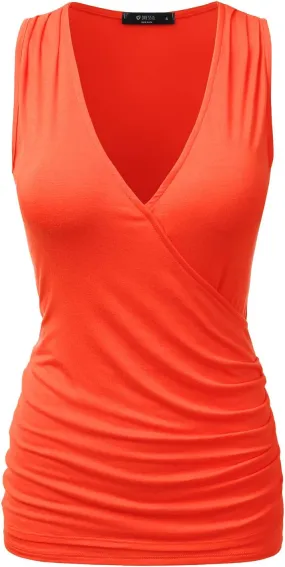 DOUBLJU Tank Tops For Women Cami Deep V Neck Sleeveless Satin Ruched Hem Tops Casual Basic Wrap T Shirts with Plus Size