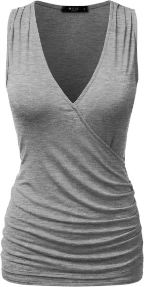 DOUBLJU Tank Tops For Women Cami Deep V Neck Sleeveless Satin Ruched Hem Tops Casual Basic Wrap T Shirts with Plus Size